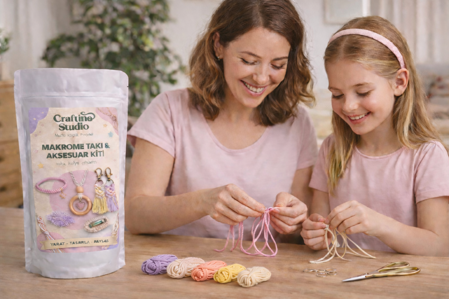 Mother and daughter crafting together
